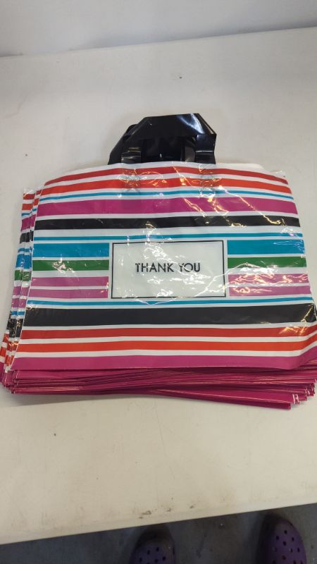 Photo 4 of Thank You Bags for Business Striped Plastic Bags 15" W x12" H 50 Pack Shopping Bags for Boutique with Soft Loop Handle (12"x15")