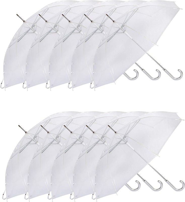 Photo 1 of 10 Pieces Wedding Umbrellas Bulk Auto Open Stick Umbrellas with White European J Hook Handle Windproof Large Canopy Umbrella for Outdoor Wedding Bride Groom Photography Golf Clear