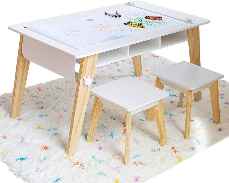 Photo 1 of Kids Arts and Crafts Table Set for Boys and Girls, Mid Century Modern Design Table Includes Two Stools, Paper and Storage Cubbies Underneath Helps Keep Art Supplies Organized (White)