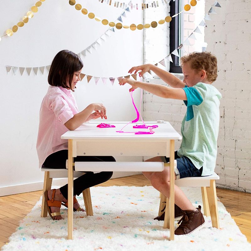 Photo 2 of Kids Arts and Crafts Table Set for Boys and Girls, Mid Century Modern Design Table Includes Two Stools, Paper and Storage Cubbies Underneath Helps Keep Art Supplies Organized (White)