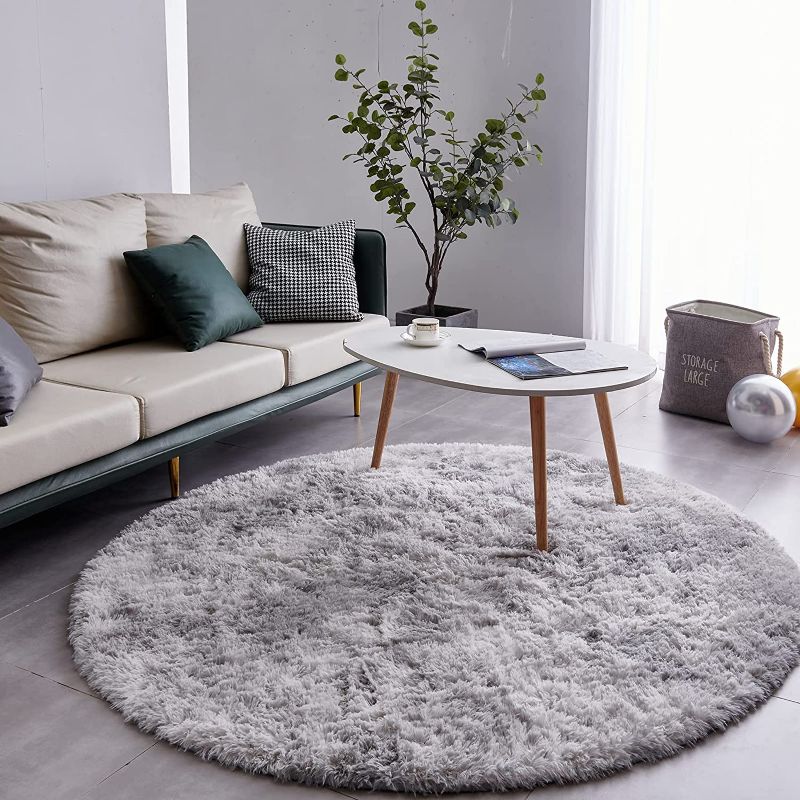 Photo 3 of Light Grey Round Rug Ultra-Soft Plush Modern 4x4 Circle Area Rug for Kid's Bedroom, Fluffy Shag Circular Rug for Nursery Room, Non-Slip Tie-Dyed Light Grey Rug for Teen's Room