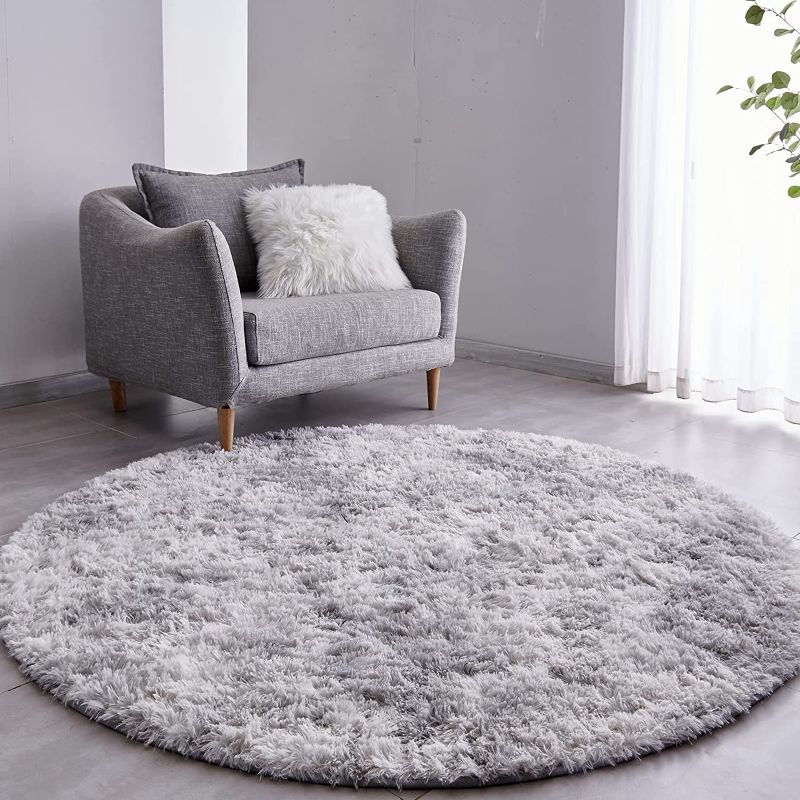 Photo 2 of Light Grey Round Rug Ultra-Soft Plush Modern 4x4 Circle Area Rug for Kid's Bedroom, Fluffy Shag Circular Rug for Nursery Room, Non-Slip Tie-Dyed Light Grey Rug for Teen's Room