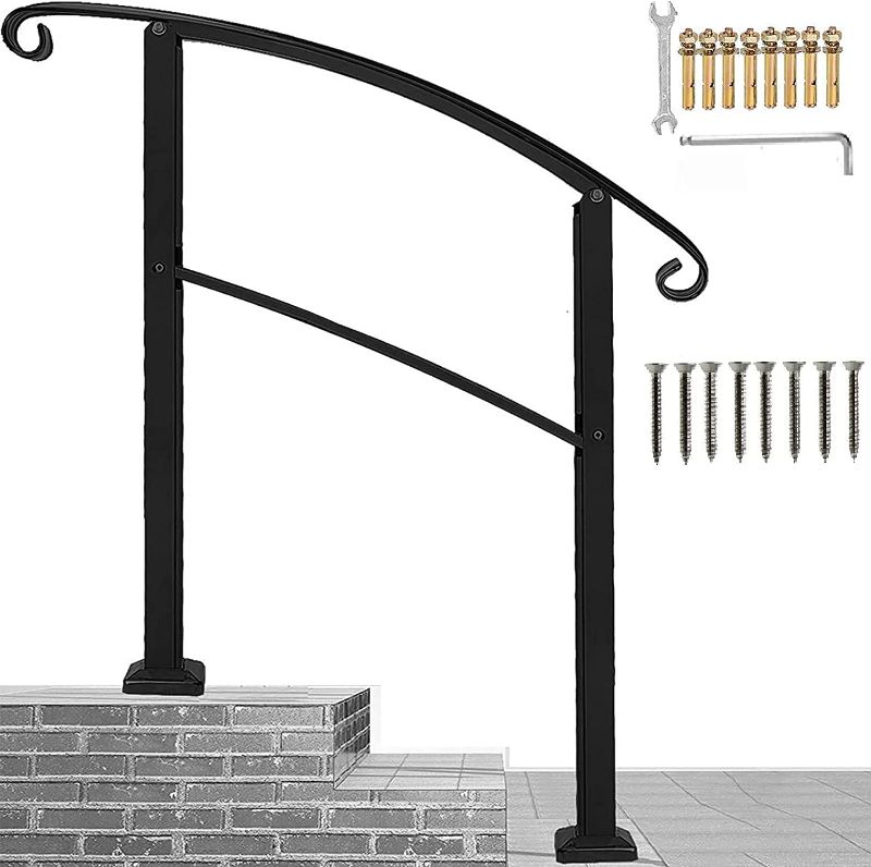 Photo 1 of Handrails for Outdoor Steps,3 Step Handrail Fits 1 to 3 Steps Mattle Wrought Iron Handrail Stair Rail with Installation Kit Hand Rails for Outdoor Steps Black
