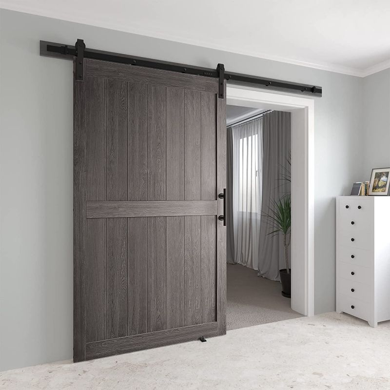 Photo 1 of COSHOMER 48in x 84in MDF Sliding Barn Door with 8ft Barn Door Hardware Kit & Handle, Pre-Drilled Holes Easy Assembly -Solid Wood Slab Inside Covered with Water-Proof PVC Surface, Grey, H-Frame
