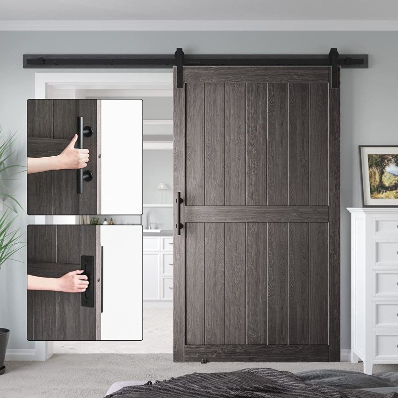 Photo 2 of COSHOMER 48in x 84in MDF Sliding Barn Door with 8ft Barn Door Hardware Kit & Handle, Pre-Drilled Holes Easy Assembly -Solid Wood Slab Inside Covered with Water-Proof PVC Surface, Grey, H-Frame
