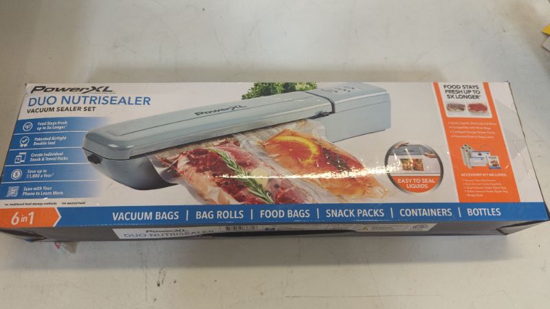 Photo 3 of PowerXL Duo NutriSealer Food Vacuum Sealer Machine with Vacuum Seal Bags & Rolls, Double Airtight Sealing with Built-in Cutter, Small Snack Bag Capability, Safety Certified, Lab Tested, LED Indicator Lights (Slate)
