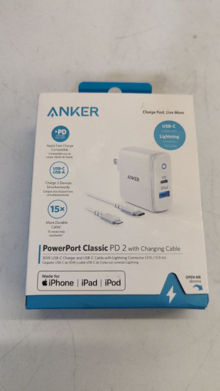 Photo 3 of Anker 2-Port PowerPort 27W USB-C & USB-A Wall Charger (with 6' USB-C to USB-A Braided Nylon Cable) - White