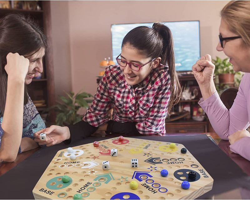 Photo 2 of Original Marble Board Game Wahoo Board Game Double Side Painted 24-Inch Wooden Fast Track Board Game for 6 and 4 Player with 6 Colors 36 Marbles, 8 Dice for Family Game Night, Party
