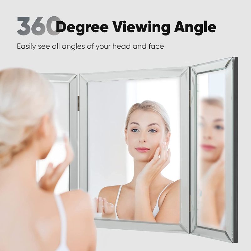 Photo 2 of Houseables 3 Way Mirror, Trifold Vanity Mirrors, 21" x 30", 360 Degree View, Tri Fold, Triple Sided, 3way, Table Top, Wall Mount, Standing, Foldable, for Makeup, Dresser, Desk, Bathroom, Bedroom   