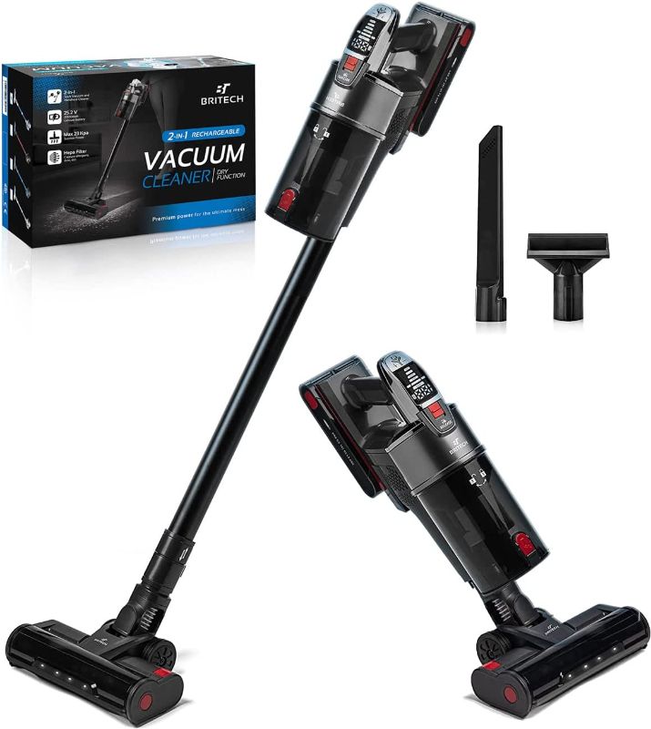 Photo 1 of BRITECH Cordless Lightweight Stick Vacuum Cleaner, 500W Motor for Powerful Suction 40min Runtime, LED Display Screen & Headlights, Great for Carpet Cleaner, Hardwood Floor & Pet Hair (Black)
