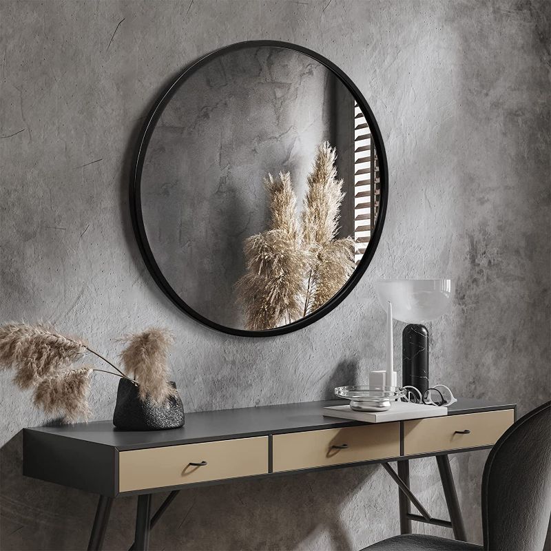 Photo 2 of EMAISON Black Round Wall Mirror, 24 Inch Rustic Matte Mirror for Bathroom, Entry, Dining Room, and Living Room. Metal Circle Mirror for Wall, Vanity Mirror, Large Decorative Mirror. Black 24"