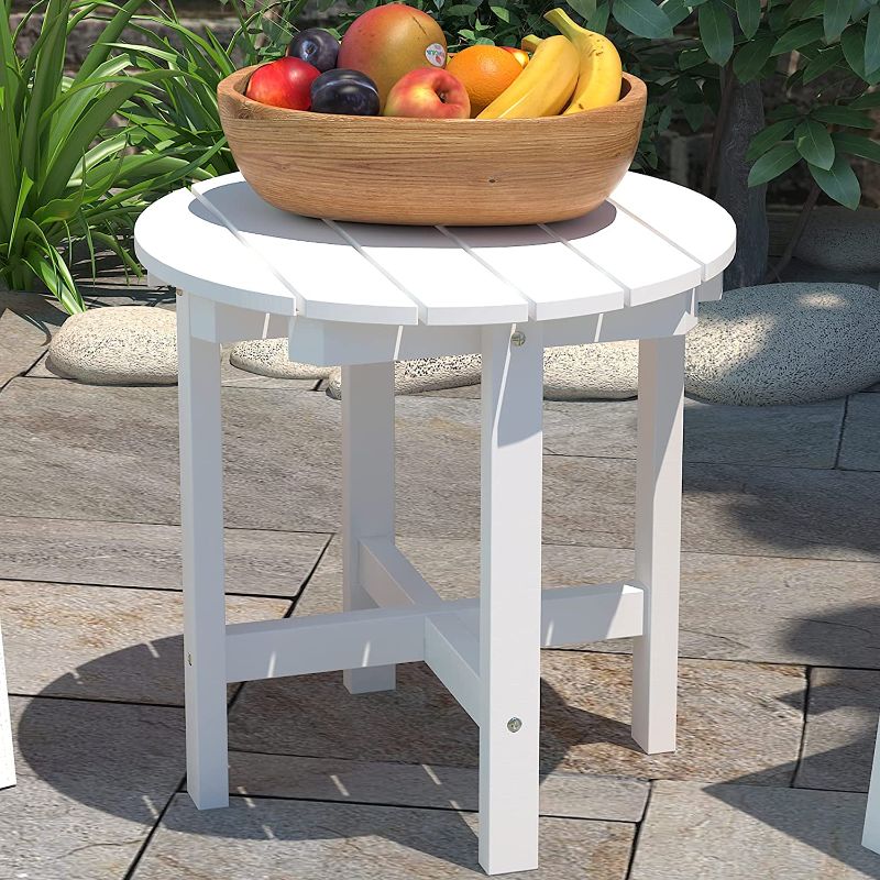 Photo 1 of JINLLY Outdoor Side Table, 18 Inch Patio Wood Adirondack Table, Small Round Outside Wooden End Tables for Pool, Porch, Garden, Balcony, Beach, White
