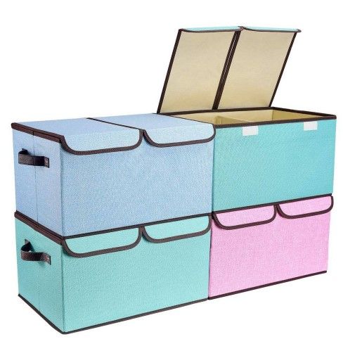 Photo 1 of 28 Qt. Fabric Storage Bin with Lid in Green and Blue (4-Pack)
