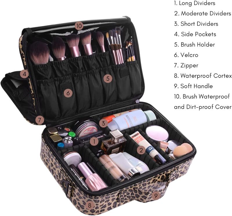 Photo 2 of VASKER Make up Bag Large Makeup Train Bag 3 Layers Professional Travel Makeup Case Organizer Waterproof Portable Leopard Cosmetic Toiletry Bag Box Brush Holder With Shoulder Strap Gift for Women
