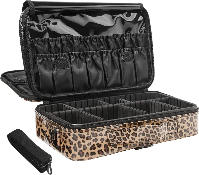 Photo 1 of VASKER Make up Bag Large Makeup Train Bag 3 Layers Professional Travel Makeup Case Organizer Waterproof Portable Leopard Cosmetic Toiletry Bag Box Brush Holder With Shoulder Strap Gift for Women
