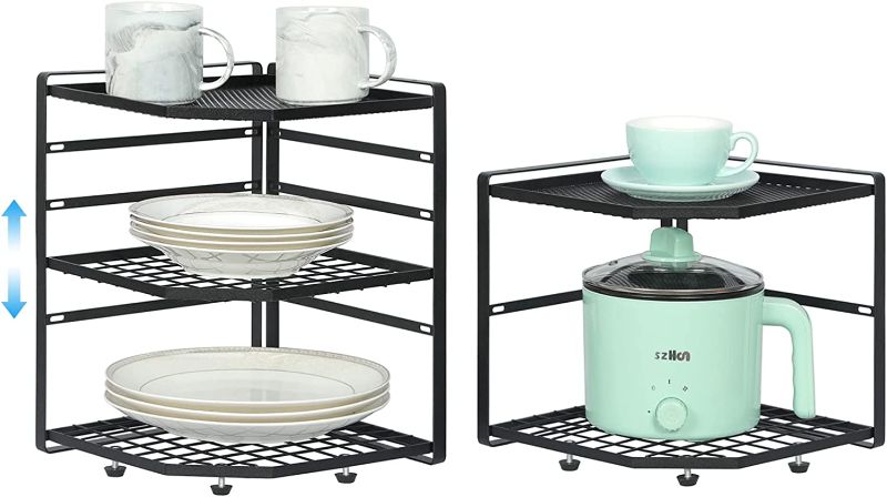 Photo 1 of   LUMAMU 2 Pack Stackable Corner Shelf Stand, Height Adjustable Cabinet Corner Rack, Countertop Shelf Organizers for Plates, Dishes, Cabinet & Pantry Kitchen Organization, Black
