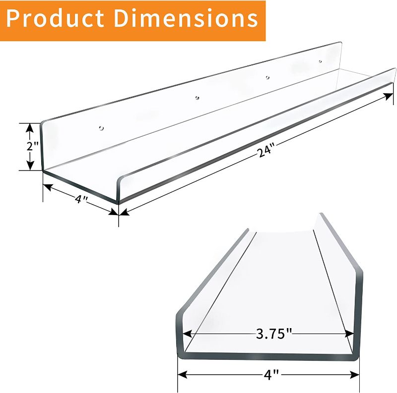 Photo 2 of Febwind 4 Pack 24-Inch Long Clear Acrylic Floating Shelves Wall Ledge Invisible Wall Mounted Floating Bookshelf U Shape Wall Shelf for Book Display Makeup Product Spice Organizer
