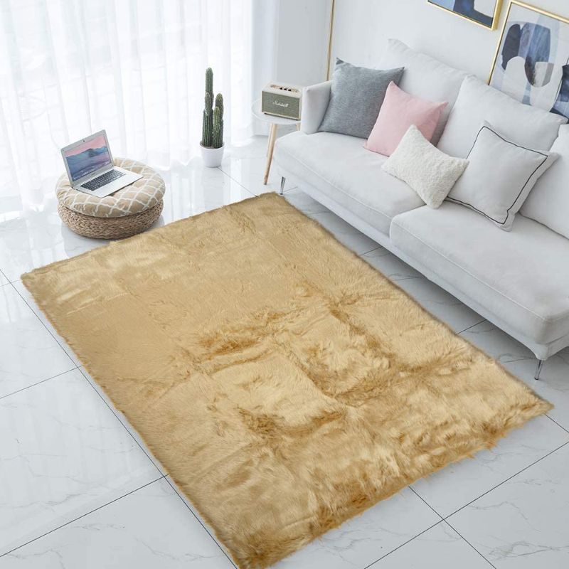Photo 1 of Shaggy Soft Faux Sheepskin Fur Area Rugs Floor Mat Luxury Beside Carpet for Bedroom Living Room 6ft x 9ft, Khaki