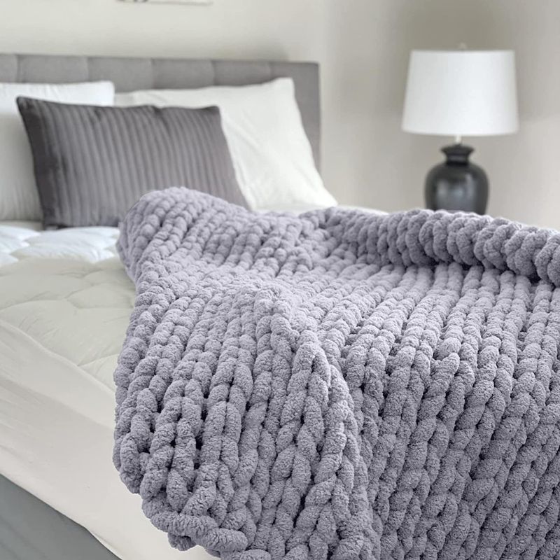 Photo 2 of Adyrescia Chunky Knit Blanket Throw | 100% Hand Knit with Jumbo Chenille Yarn (60"x80", Lilac Gray)
