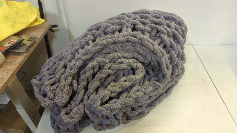 Photo 4 of Adyrescia Chunky Knit Blanket Throw | 100% Hand Knit with Jumbo Chenille Yarn (60"x80", Lilac Gray)
