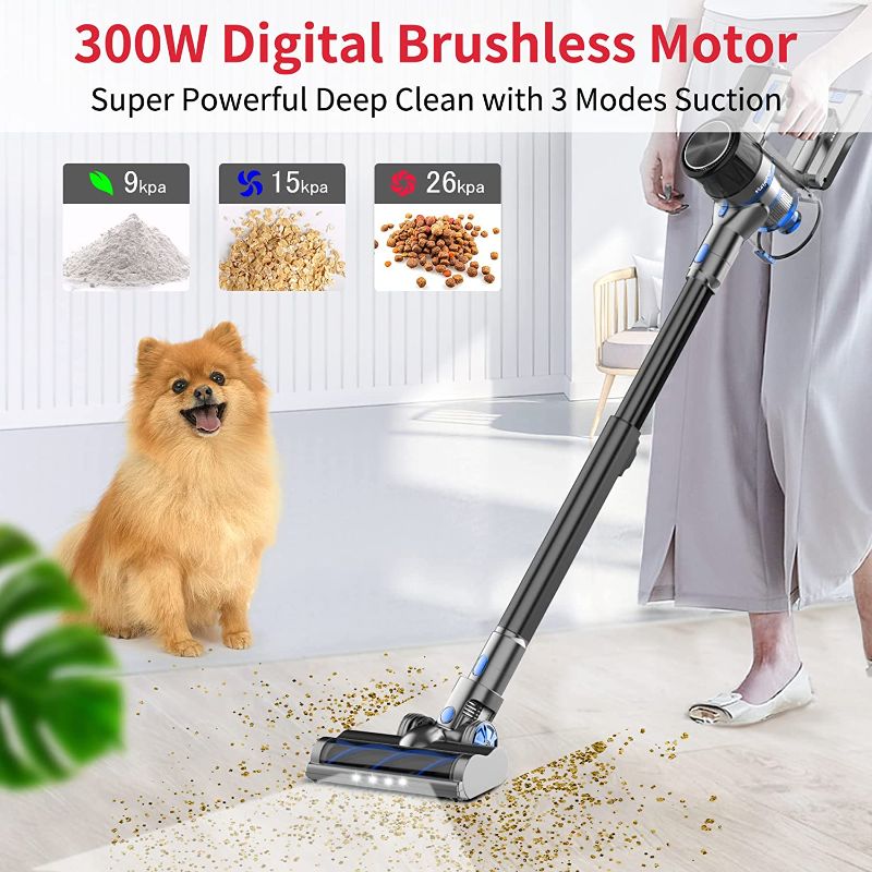Photo 2 of Yunjetek Cordless Vacuum Cleaner, 300W Brushless Motor with 26Kpa Powerful Suction Stick Vacuum, Up to 45Mins Max Runtime Detachable Battery
