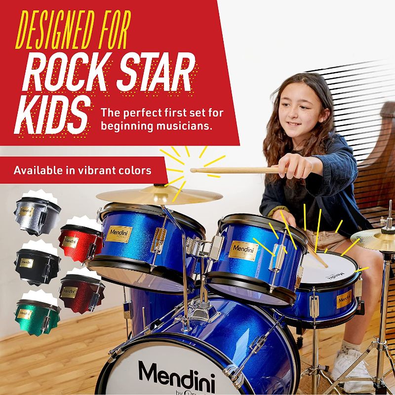 Photo 2 of ???Mendini By Cecilio Kids Drum Set - Starter Drums Kit with Bass, Toms, Snare, Cymbal, Hi-Hat, Drumsticks & Seat - Musical Instruments Beginner Sets, Red Drum Set
