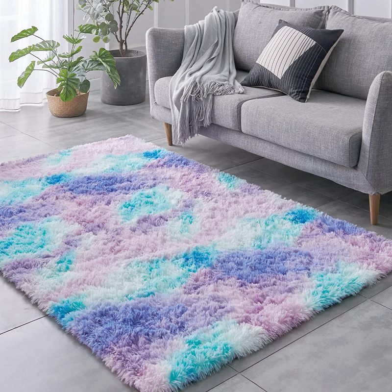 Photo 1 of Luxury Shag Area Rug, 3x5 Feet Tie Dyed Light Purple Rectangle Plush Fuzzy Rugs, Non-Slip Shaggy Furry Carpets for Kids Room Bedroom