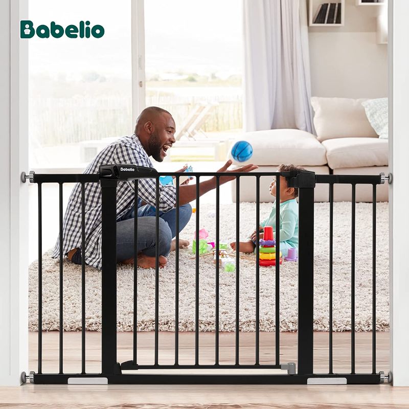 Photo 2 of Babelio Metal Baby Gate, 29-48'' Easy Install Pet Gate, Extra Wide Walk Thru Child Safety Gate with Door, Pressure Mounted Dog Gate for Doorways & Stairs, with Y Spindle Rods,Black Black 29-48 Inch (Pack of 1)