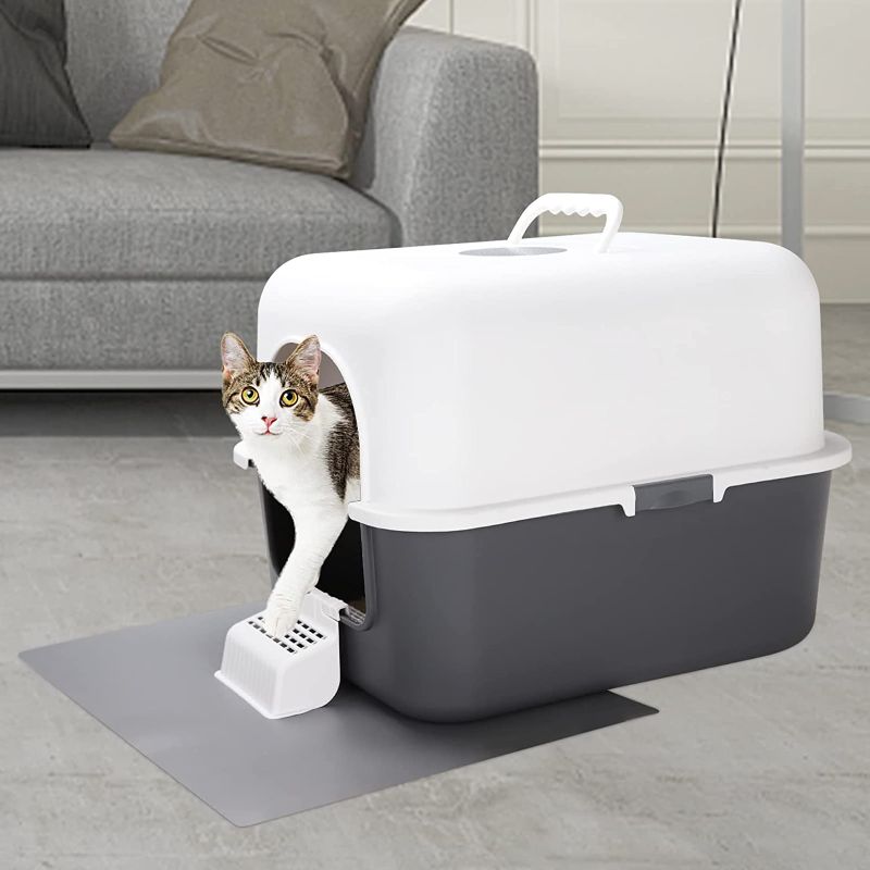 Photo 2 of Sfozstra Cat Litter Box with Pedal, Fully Enclosed Leak-Proof Urine Litter Box, High Edge and Odorless Cat Litter Box, Easy to Carry and Clean (Grey with Handle, L)
