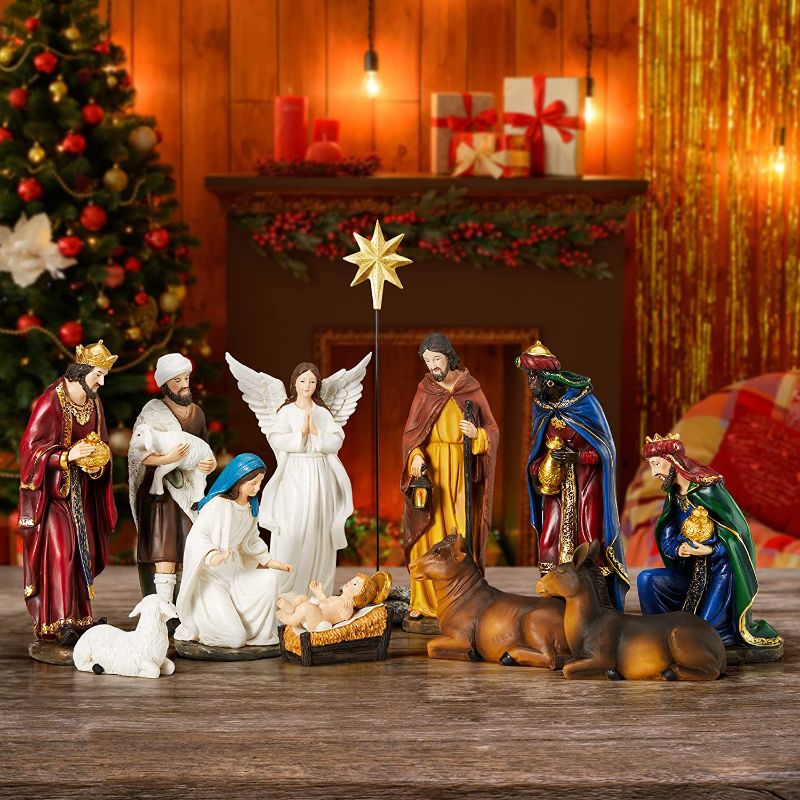 Photo 1 of BESBLEE Nativity Sets for Christmas Indoor Set of 13 Pieces 7.9 Inches Tabletop Holidays Decor Nativity Scene Resin Figurines Set Religious Decorations Collection Gifts
