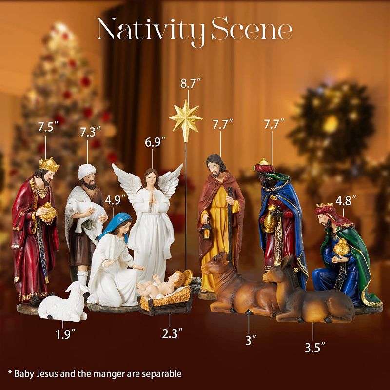 Photo 2 of BESBLEE Nativity Sets for Christmas Indoor Set of 13 Pieces 7.9 Inches Tabletop Holidays Decor Nativity Scene Resin Figurines Set Religious Decorations Collection Gifts
