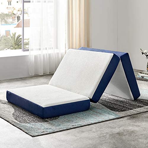 Photo 1 of JINGWEI Narrow Twin Size Folding Mattress, Tri-fold Memory Foam Mattress Topper with Washable Cover, 3-Inch, Size,Play Mat, Foldable Bed, Guest beds, Camp Portable Bed, Blue,
