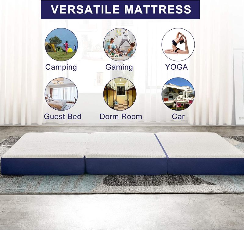 Photo 2 of JINGWEI Narrow Twin Size Folding Mattress, Tri-fold Memory Foam Mattress Topper with Washable Cover, 3-Inch, Size,Play Mat, Foldable Bed, Guest beds, Camp Portable Bed, Blue,
