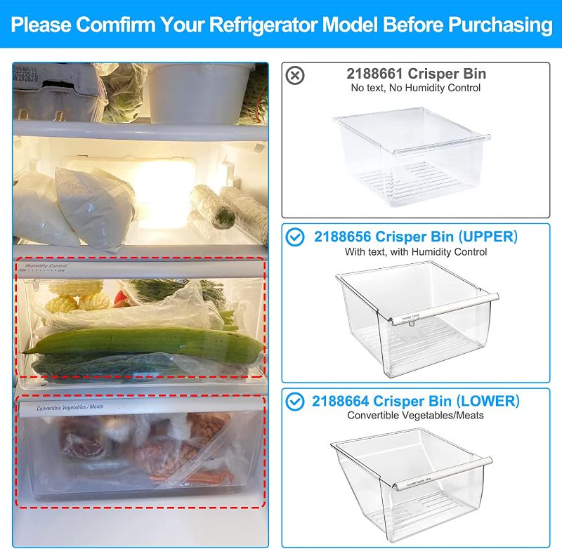 Photo 2 of [2 Pack] Upgraded 2188656 Fridge Crisper Drawer (UPPER) & 2188664 Fridge Crisper Bin (LOWER) Compatible with Whirlpool Kenmore Refrigerator Drawers with Humidity Control, Food-grade Materials
