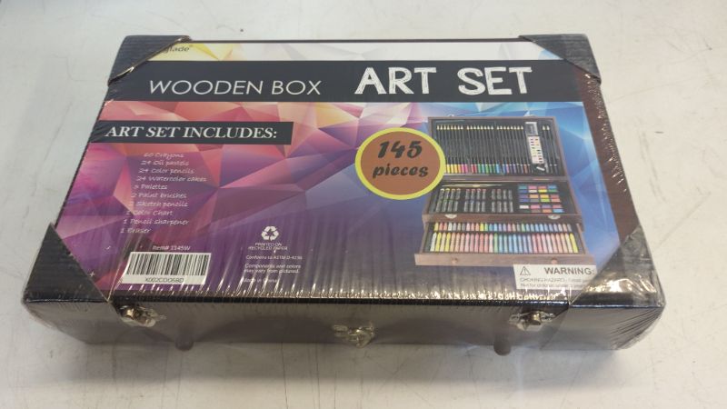 Photo 4 of Sunnyglade 145 Piece Deluxe Art Set, Wooden Art Box & Drawing Kit with Crayons, Oil Pastels, Colored Pencils, Watercolor Cakes, Sketch Pencils, Paint Brush, Sharpener, Eraser, Color Chart (Cherry)