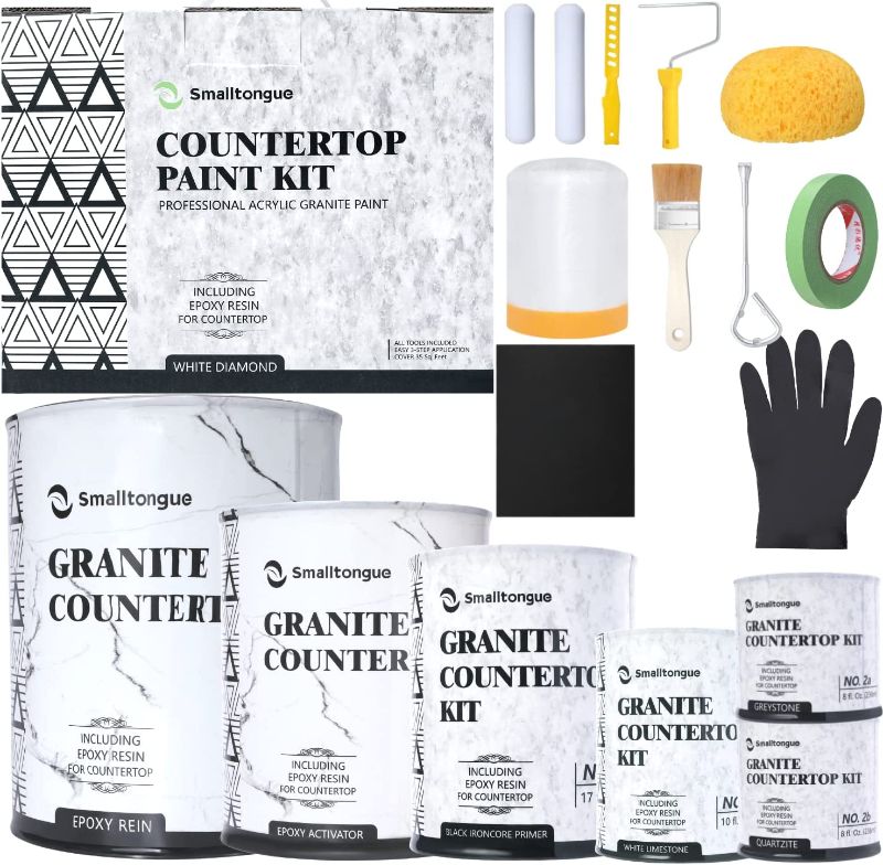 Photo 1 of Smalltongue Countertop Paint Kit, White Diamond Epoxy Countertop Paint Kit(Including Epoxy Resin), All-IN-ONE Set, Cover Up to 35 SQ. FT, For Marble, Granite, Formica, Laminate, Ceramic Tile etc.
