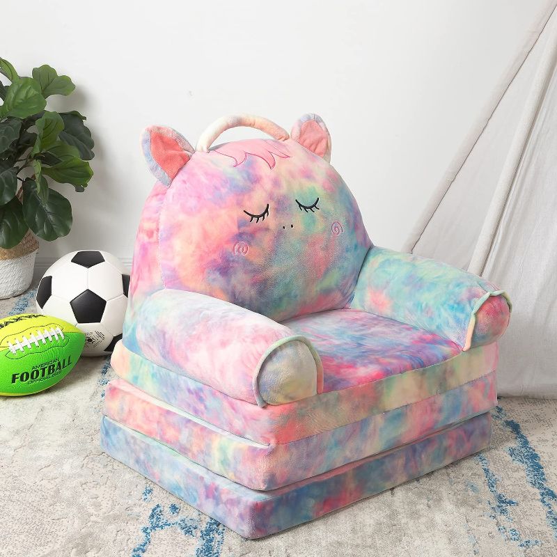 Photo 1 of HIGOGOGO Plush Foldable Kids Sofa, Cartoon Rainbow Children Couch Backrest Armchair Bed with Pocket and Handle, Upholstered 2 in 1 Flip Open Infant Baby Seat for Living Room Bedroom, Multicolor
