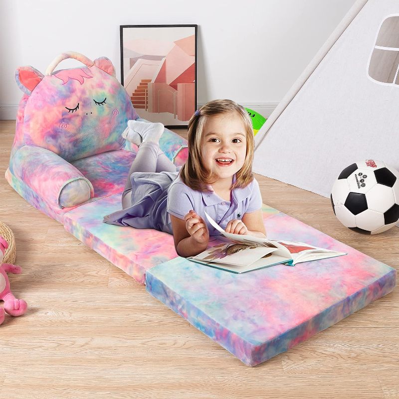 Photo 2 of HIGOGOGO Plush Foldable Kids Sofa, Cartoon Rainbow Children Couch Backrest Armchair Bed with Pocket and Handle, Upholstered 2 in 1 Flip Open Infant Baby Seat for Living Room Bedroom, Multicolor
