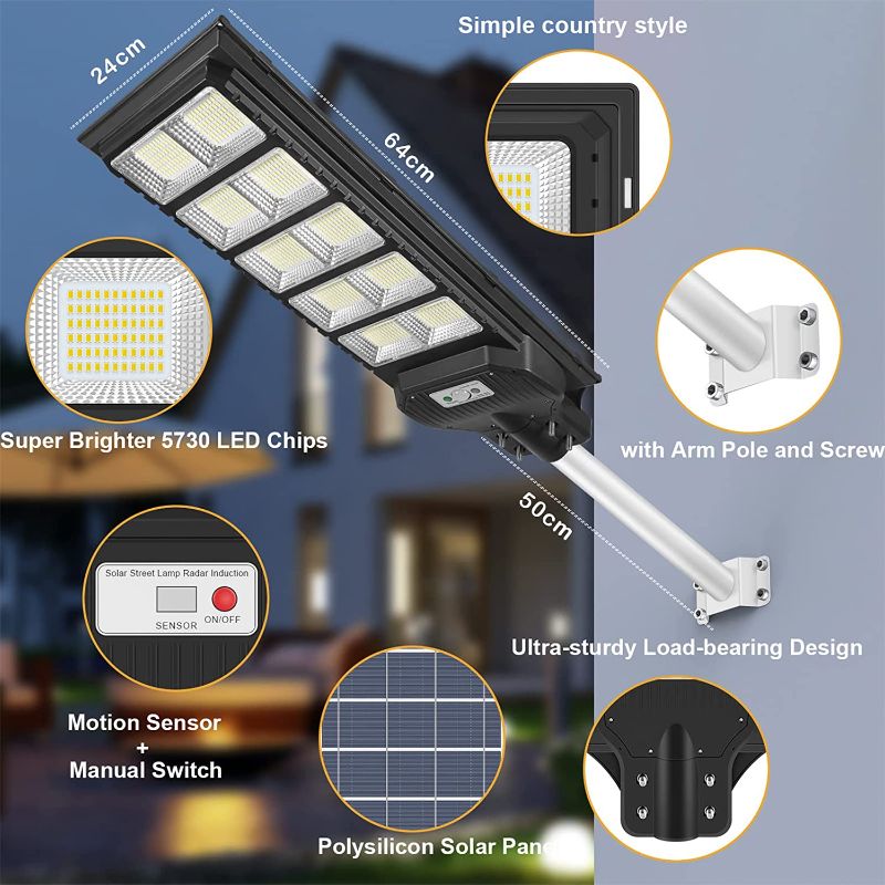 Photo 2 of 500W Solar Street Lights Outdoor, 25000LM Solar Led Security Flood Lights Motion Sensor, IP66 Waterproof Dusk to Dawn Solar Light Lamp with Remote Control for Garden,Yard,Basketball Court,Parking Lot
