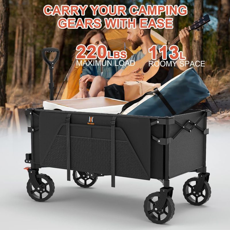 Photo 2 of Navatiee Collapsible Folding Wagon, Heavy Duty Utility Beach Wagon Cart with Side Pocket and Brakes, Large Capacity Foldable Grocery Wagon for Garden Sports Outdoor Use, S1
