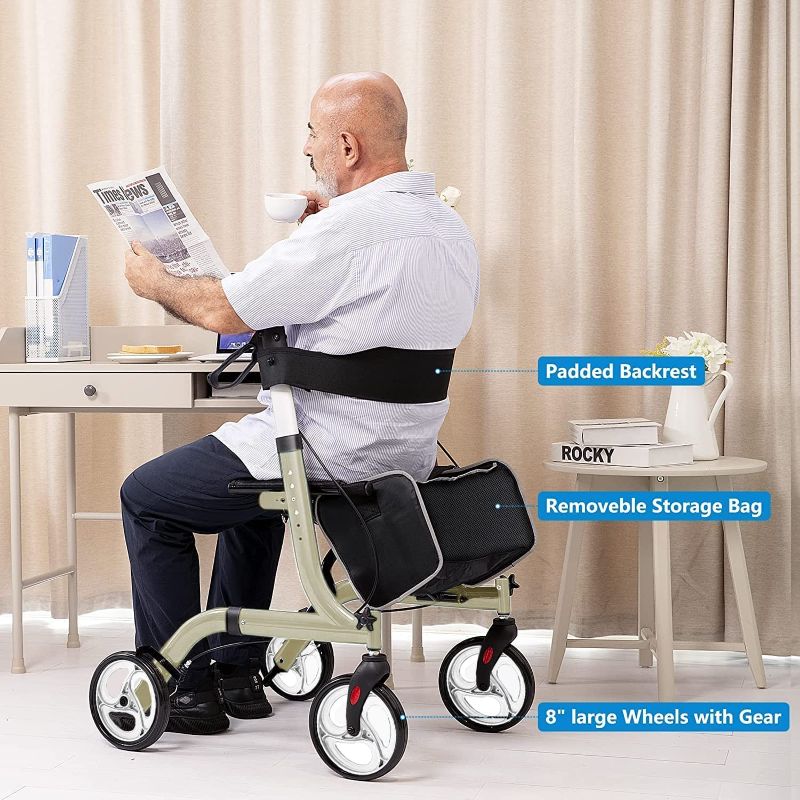 Photo 2 of WinloveRollator Walker for Seniors-Folding,with Seat and Four 8-inch Wheels-Medical Rollator Walker with Thick Backrest-Lightweight Aluminium Frame and Basket, Champagne