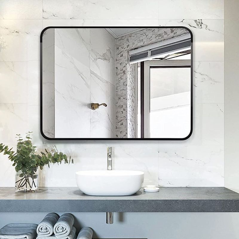 Photo 1 of Black Large Mirror 30x40 Inch Wall Mirrors for Wall, Brushed Aluminum Frame Rounded Corner Design Bathroom Mirrors for Wall, Hangs Horizontal or Vertical