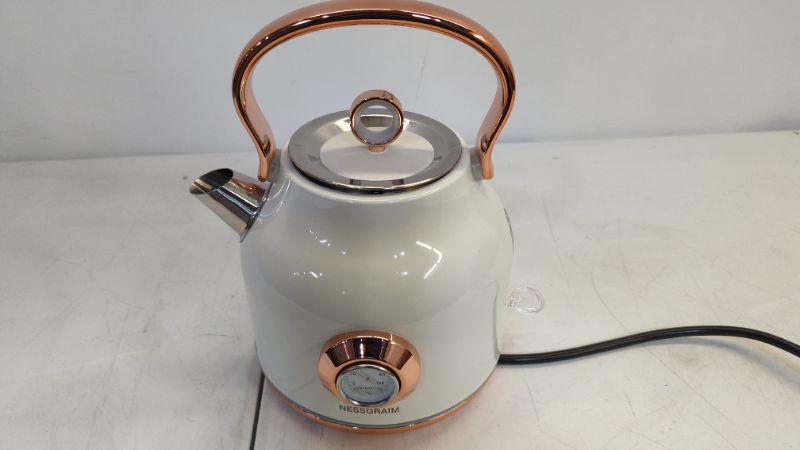 Photo 1 of NESSGRAIM Retro Electric Kettle, 1.7L Stainless Steel Tea Kettle with Large Temperature Gauge, 1500W Fast Heating Hot Water Boiler with LED Indicator, Auto Shut-off & Boil-Dry Protection-Elegant White
