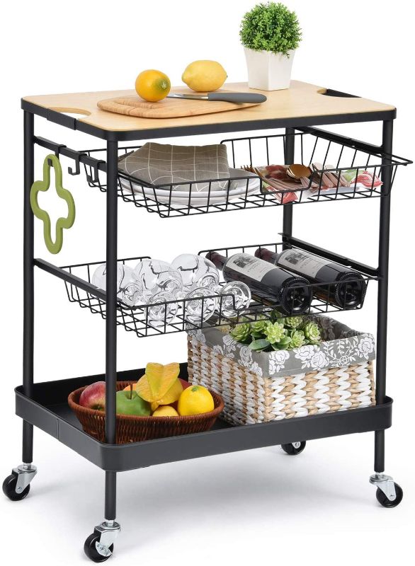 Photo 1 of TOOLF Kitchen Island Serving Cart with Utility Wood Tabletop, 4-Tier Rolling Storage Cart with 2 Basket Drawers, Universal Lockable Casters for Home, Dining Room, Office, Restaurant, Hotel

