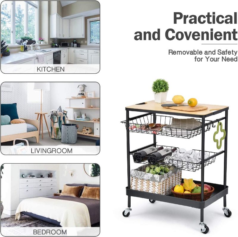 Photo 1 of TOOLF Kitchen Island Serving Cart with Utility Wood Tabletop, 4-Tier Rolling Storage Cart with 2 Basket Drawers, Universal Lockable Casters for Home, Dining Room, Office, Restaurant, Hotel
