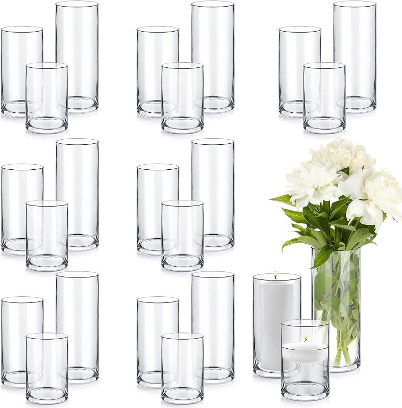 Photo 1 of Set of 24 Glass Cylinder Vases Tall Hurricane Vases Clear Vases for Centerpieces Long Glass Candle Holders for Wedding Garden Dinner Flower Floating Candle Table Home Decor (6 Inch, 8 Inch, 10 Inch)
