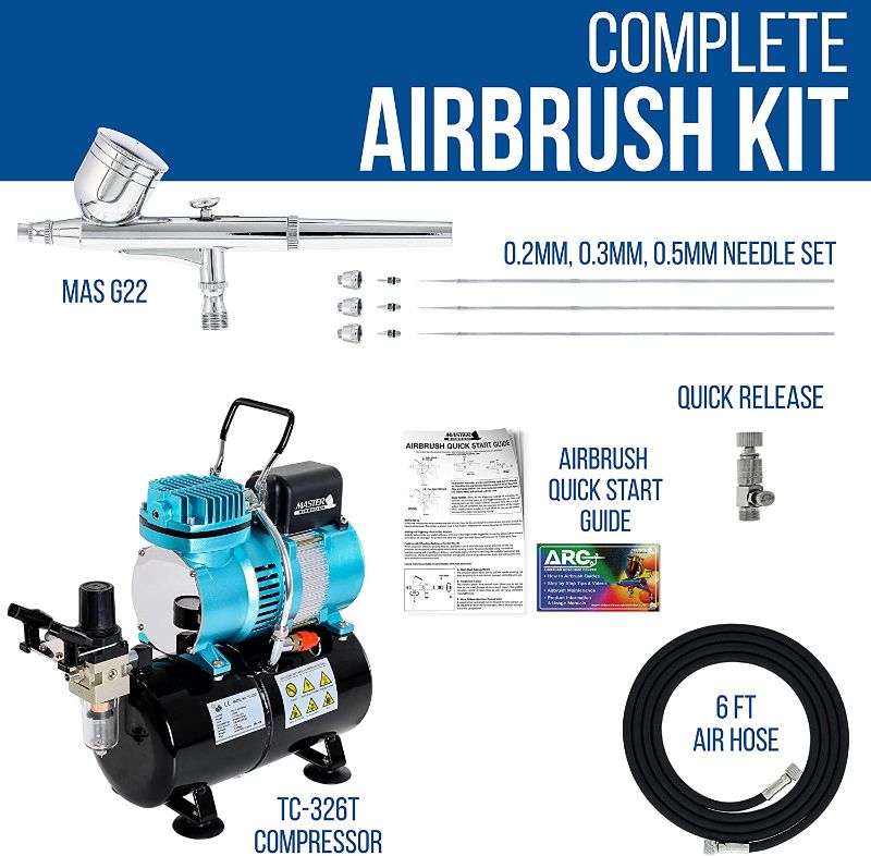 Photo 2 of Master Airbrush Cool Runner II Dual Fan Air Tank Compressor System Kit with a Pro Set G222 Gravity Airbrush Kit with 3 Tips 0.2, 0.3 & 0.5 mm - Hose, Holder, How-To Guide - Hobby, Auto, Cake, Tattoo Deluxe