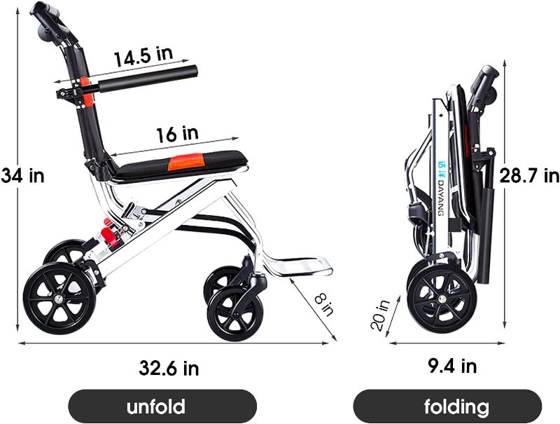 Photo 2 of UU-ZHANG (only 15lb) Super Lightweight Transport Wheelchair. Easy to Travel, Locking Hand Brakes, User-Friendly, Folding, Portable. for Adults or Child (up to 220lbs)) … Black Cushion