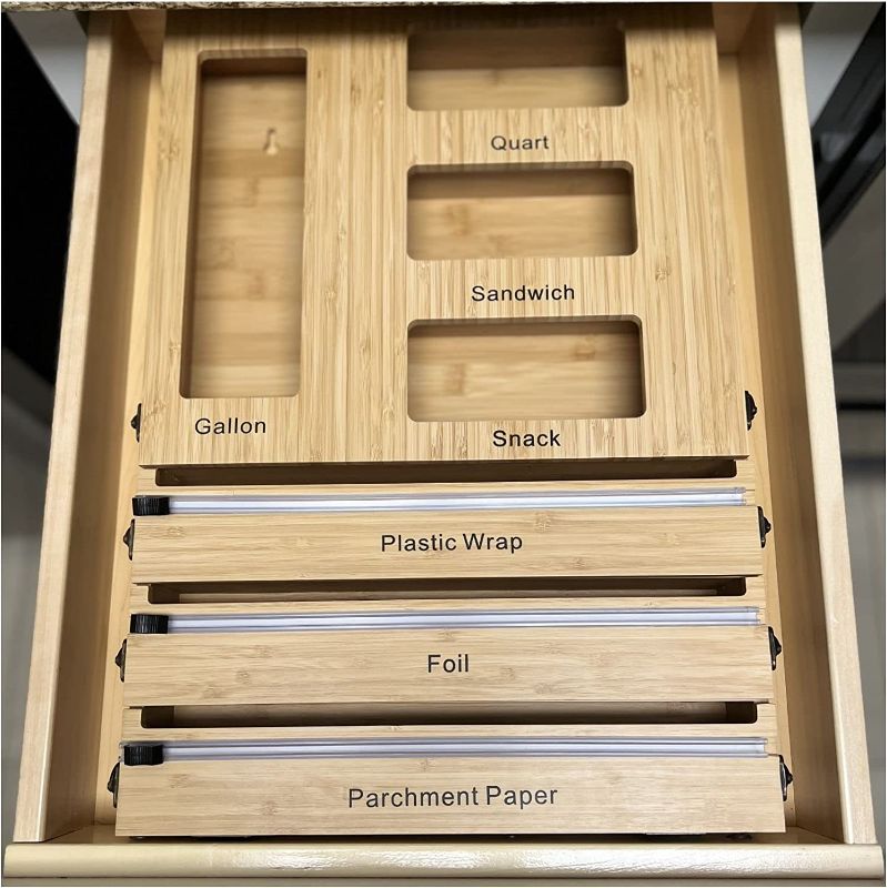 Photo 2 of Ziplock Bag Storage Organizer for Drawer, 3 in 1 Dispenser with Cutter-Bamboo Dispenser box, Compatible with Gallon, Quart, Sandwich and Snack Variety Size Bag (1 Box 4 Slots) Cutter (3 slots)