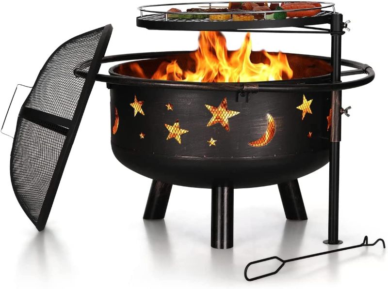 Photo 1 of Wood Burning Fire Pit for Outside 30 Inch Outdoor Firepit with Cooking Grate Large Round Fire Pit Bowl with Poker & Spark Screen for Patio Lawn Backyard BBQ, Halloween Cutouts Pattern
